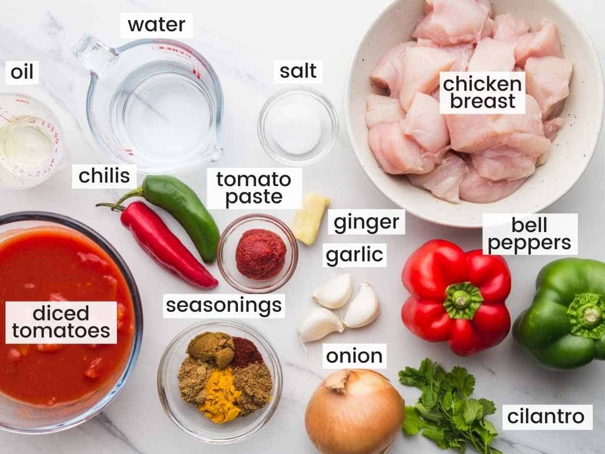Ingredients needed for making chicken jalfrezi including chicken breasts, diced tomatoes, cilantro, onion, garlic, ginger, chilis, bell peppers, water, oil, tomato paste, salt, and spices.