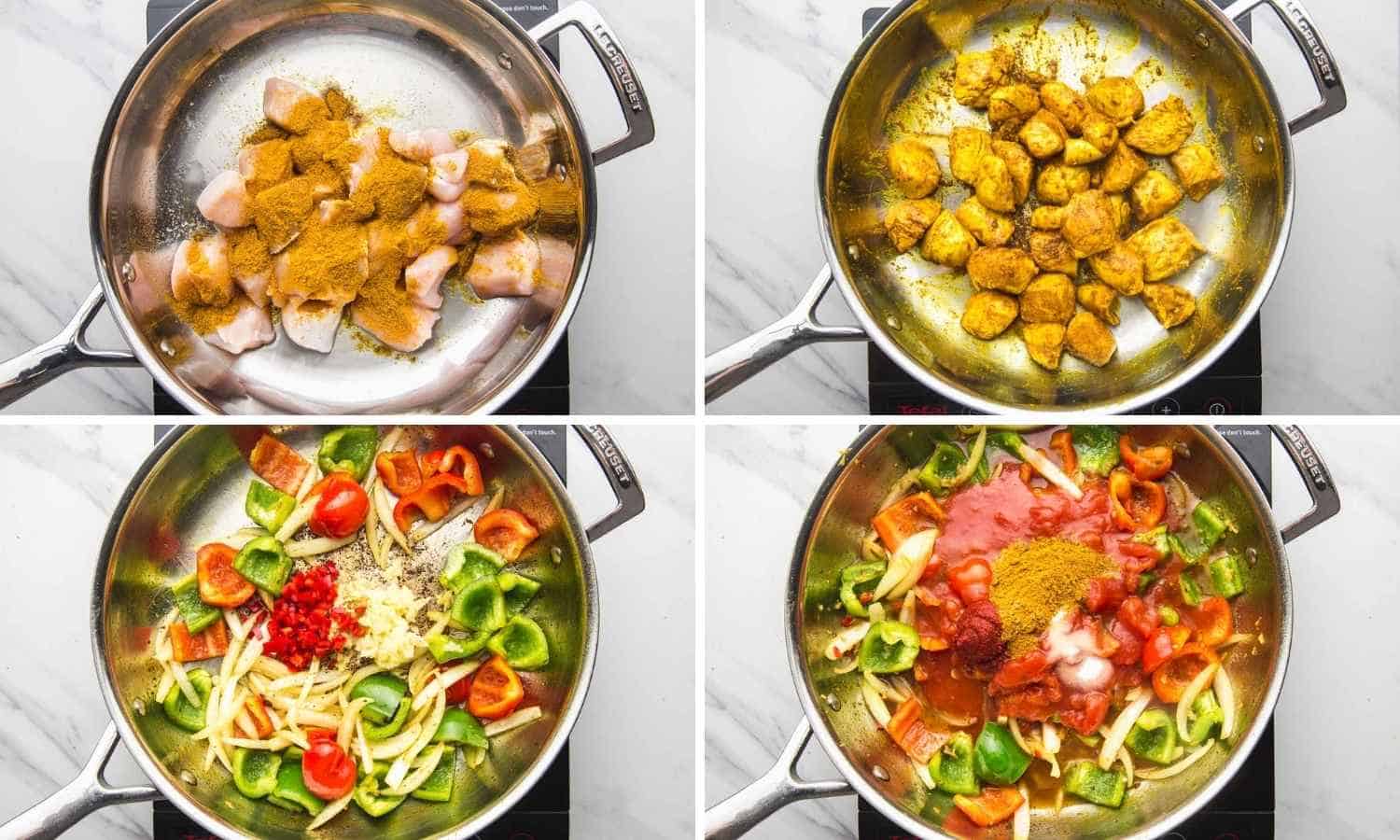 Collage of four images showing how to season chicken, cook it, and cook the veggies.