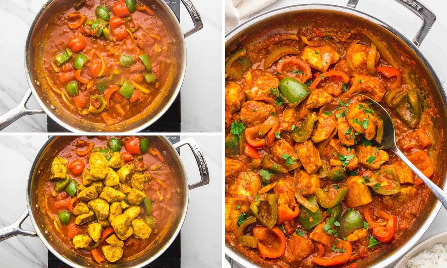 Collage of 3 images showing how to make chicken jalfrezi by mixing in the chicken with the sauce and veggies