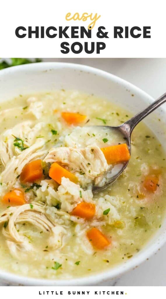 Taking a spoonful of the chicken and rice soup in a bowl, and overlay text that says "easy chicken & rice soup"