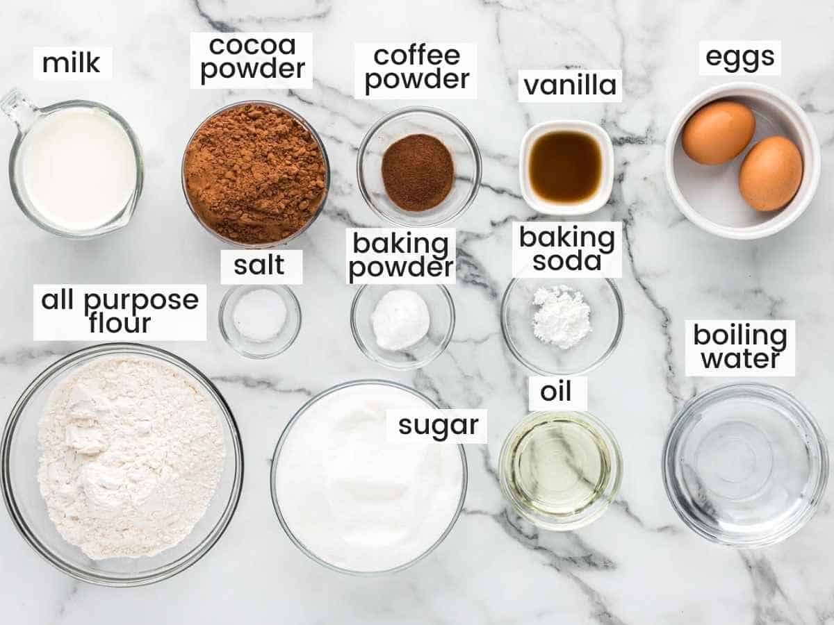 Ingredients needed to make a chocolate cake