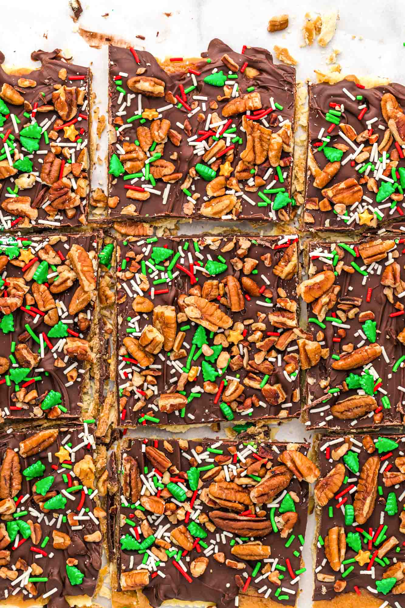 Overhead shot of Christmas crack toffee squares
