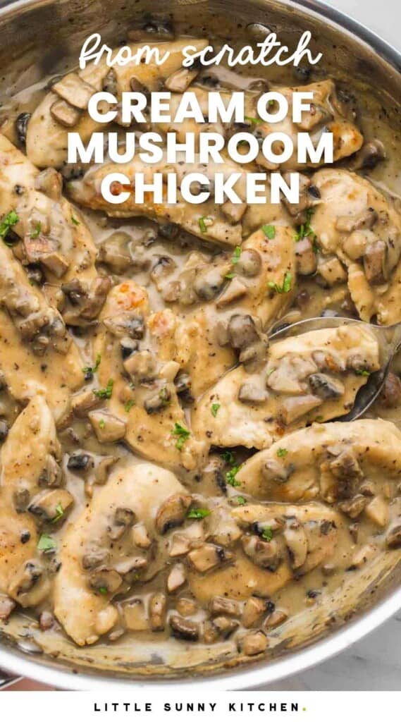Overhead shot of mushroom chicken in a stainless steel skillet, and overlay text that says "from scratch; cream of mushroom chicken"