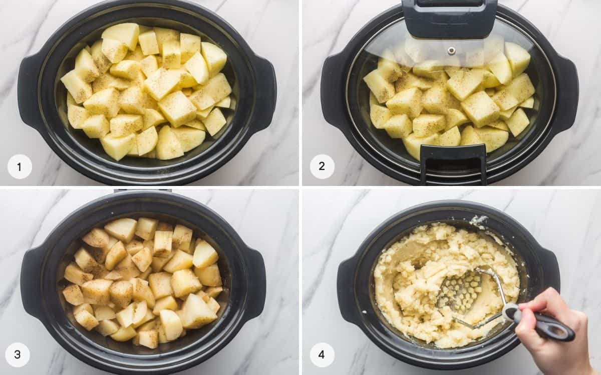 Collage of four images showing how to make mashed potatoes in a slow cooker