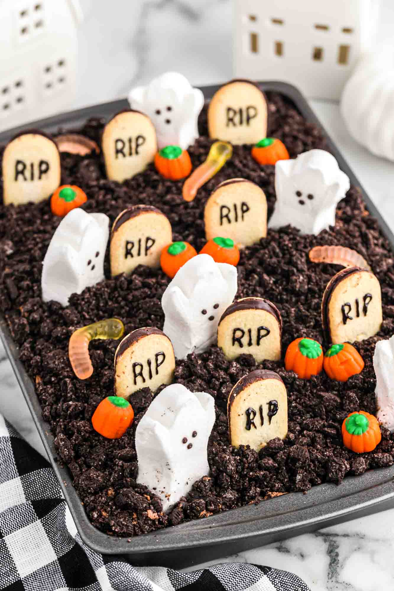 Overhead shot of halloween themed chocolate pudding cake in a 13x9 inch pan
