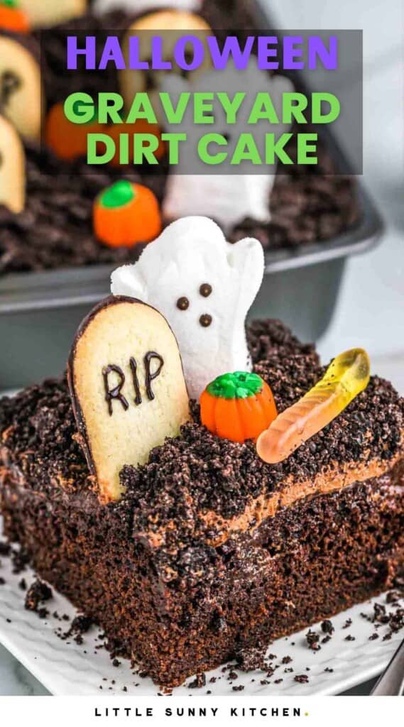 Close up shot of plated halloween dirt cake, and overlay text that says "halloween graveyard dirt cake"