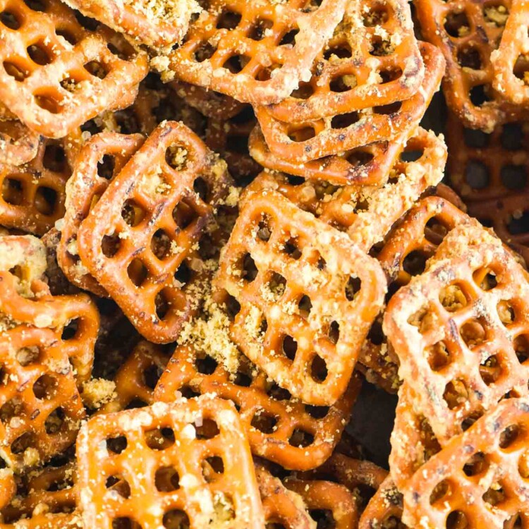 Close up shot of honey mustard pretzels