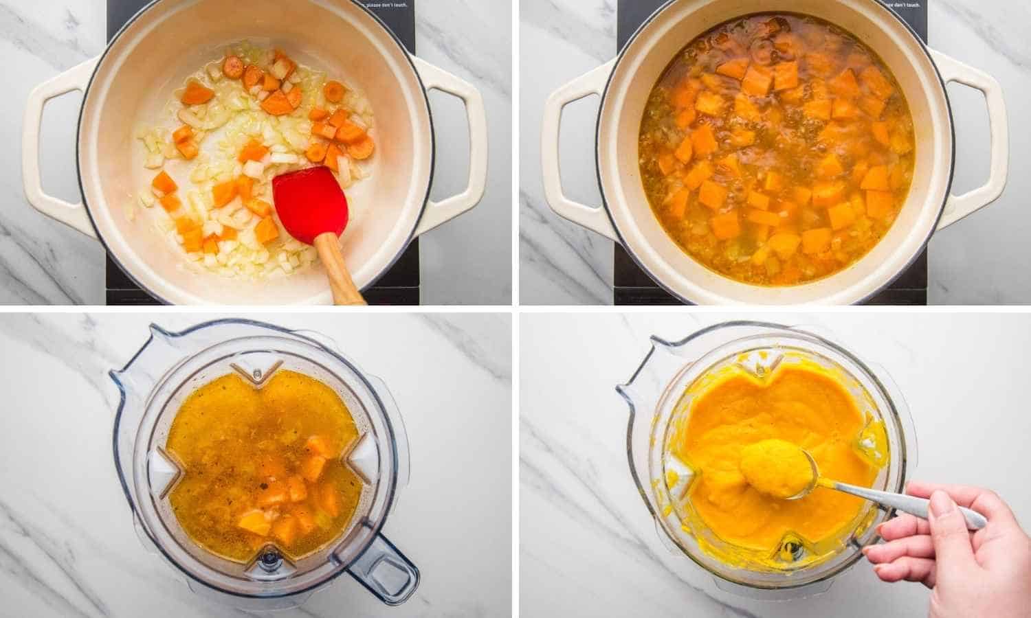Collage of four images showing how to make a sweet potato soup