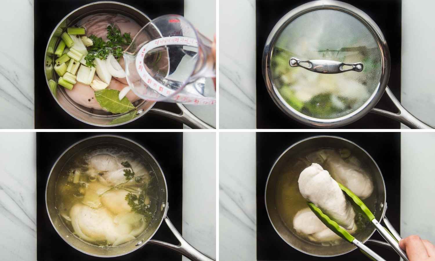 Collage of four images showing how to boil chicken breasts in a saucepan