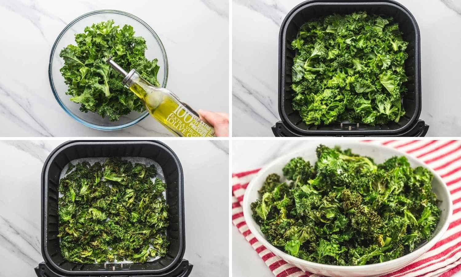 Collage of four images showing how to make kale chips in the air fryer
