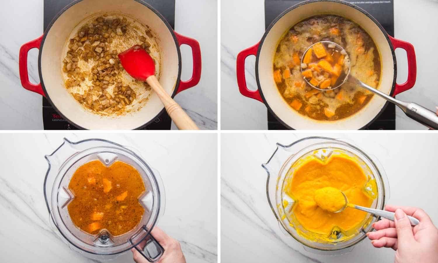 Collage of four images showing how to make carrot soup and blend it before serving