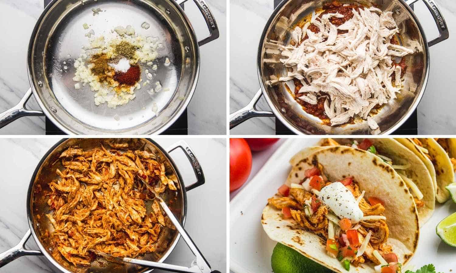 Collage of four images showing how to make chicken tacos