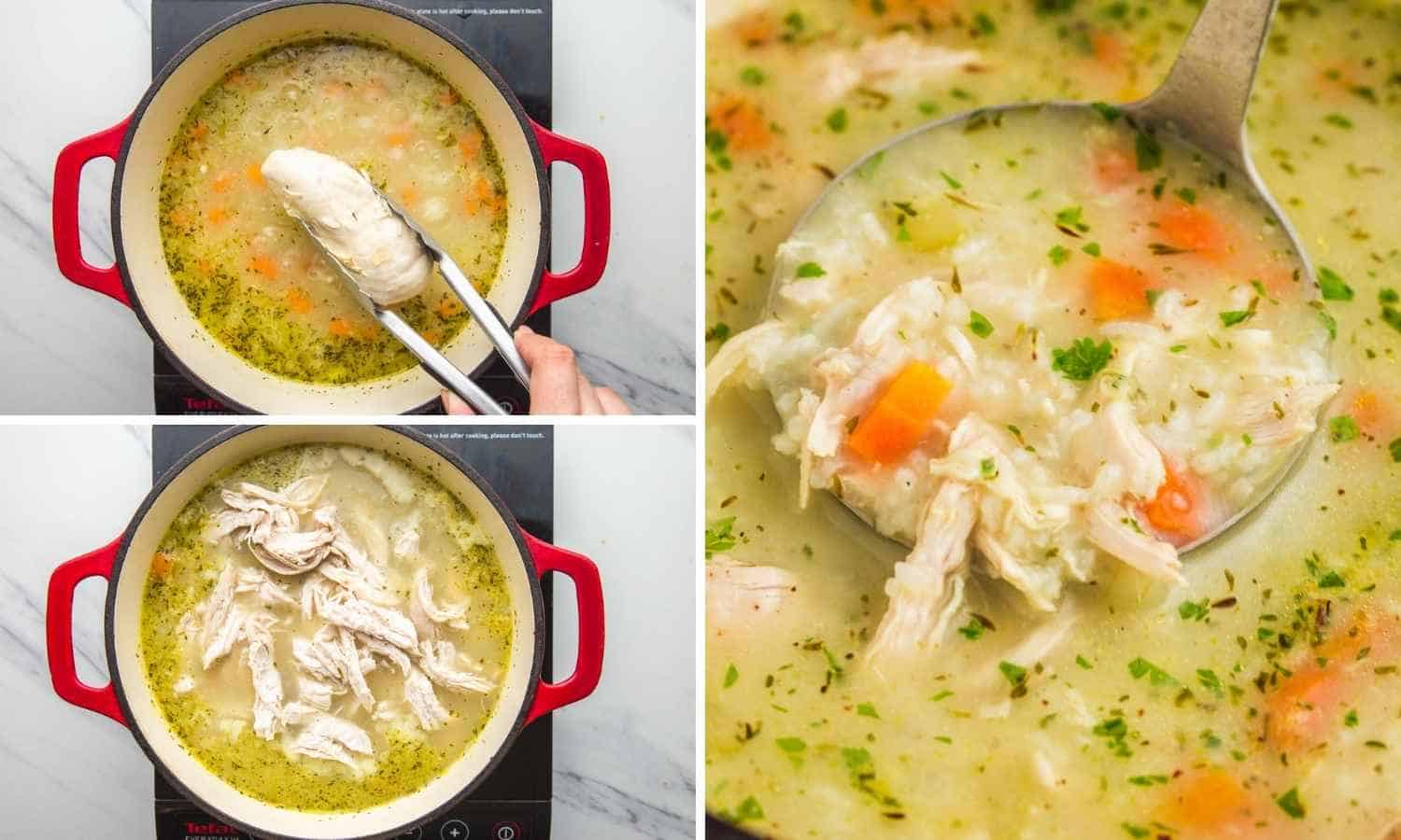 Collage of three images showing how to remove chicken from the soup, shred it, and put it back in the soup.
