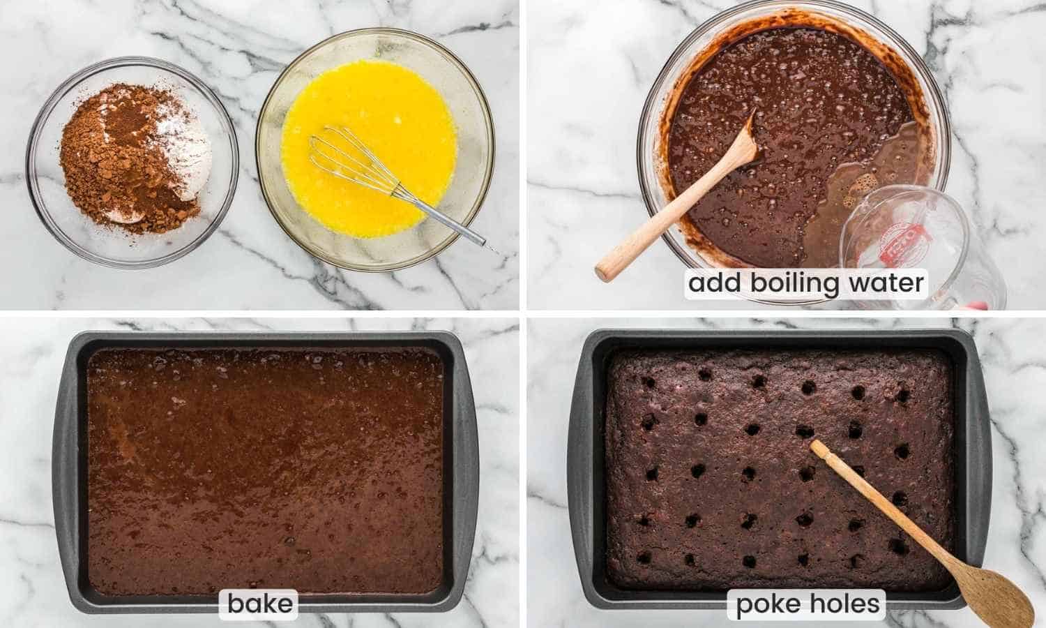 Collage of four images showing how to make chocolate cake batter, bake the cake and then poke holes.
