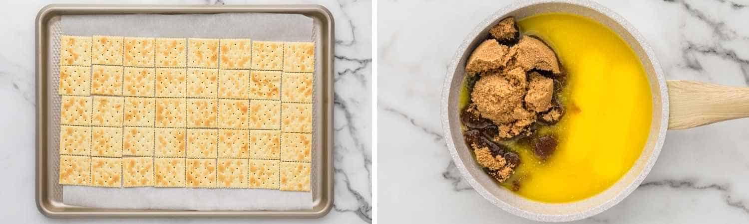 2 images of how to arrange saltine crackers, and how to make the caramel
