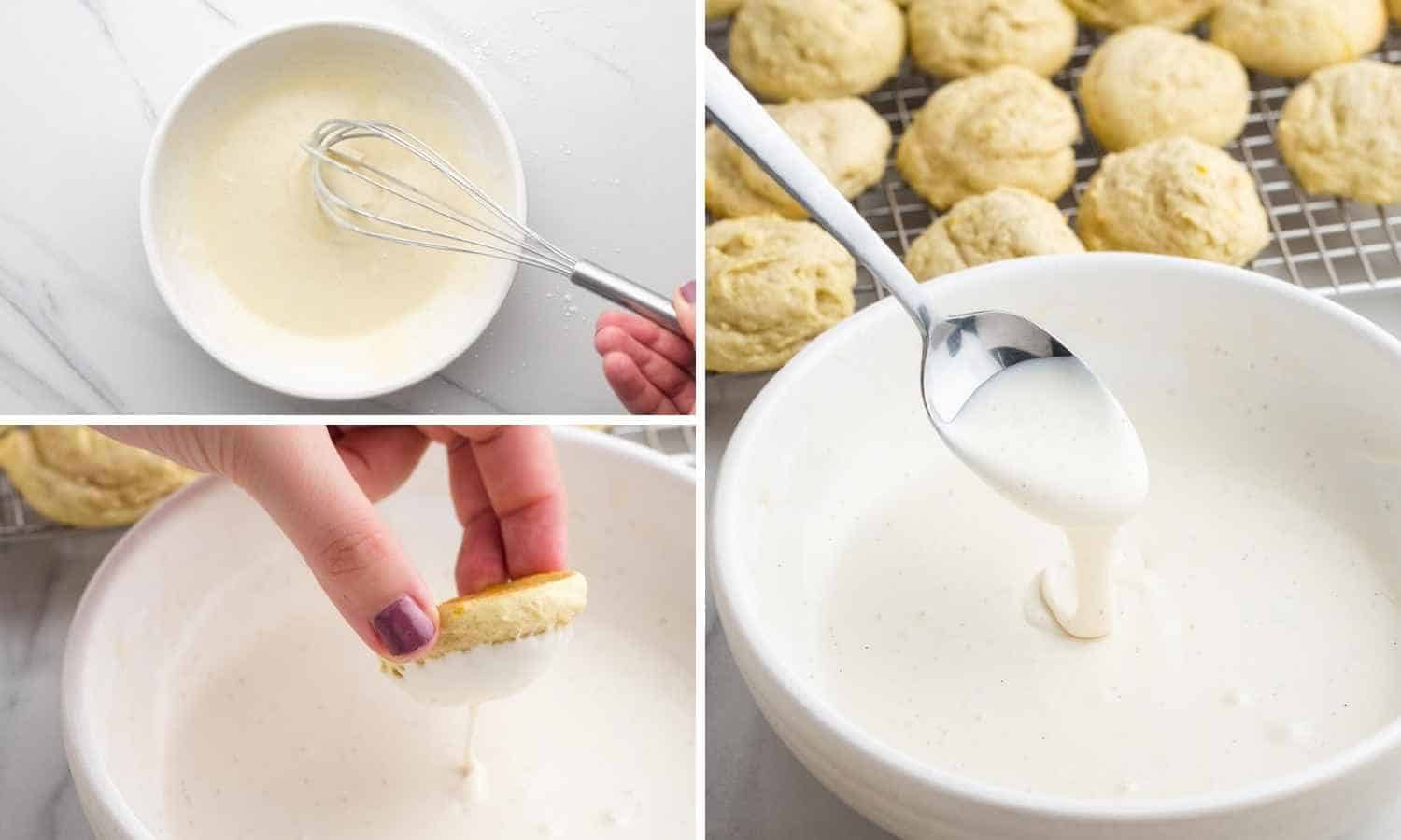 Collage of three images showing how to make vanilla glaze and glaze the cookies