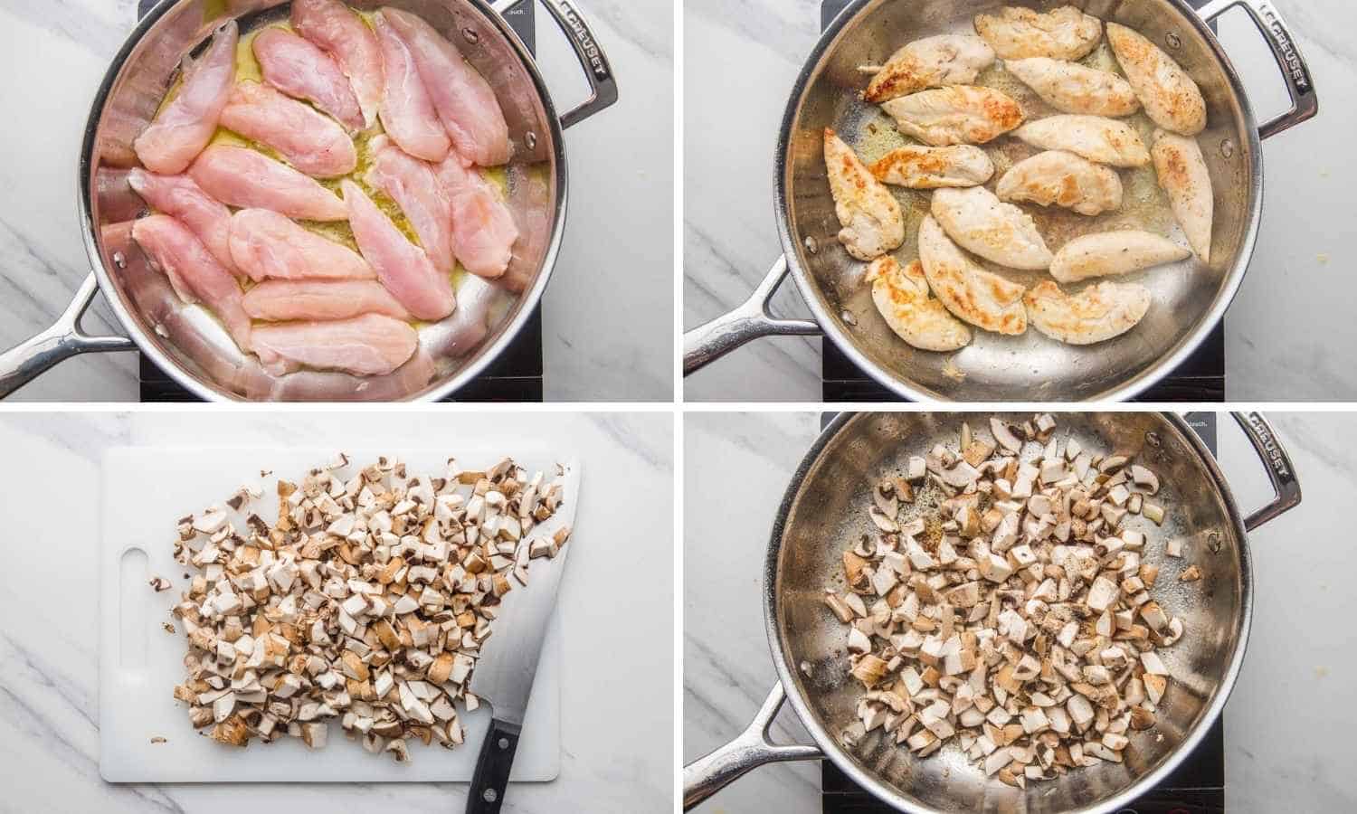 Collage of four images showing how to sear the chicken, chop the mushrooms and saute them.