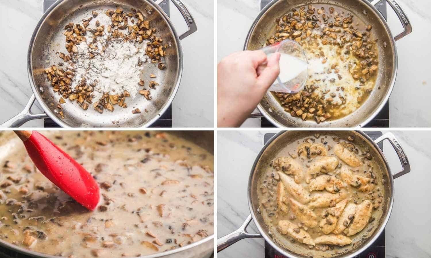 Collage of four images showing how to make mushroom sauce