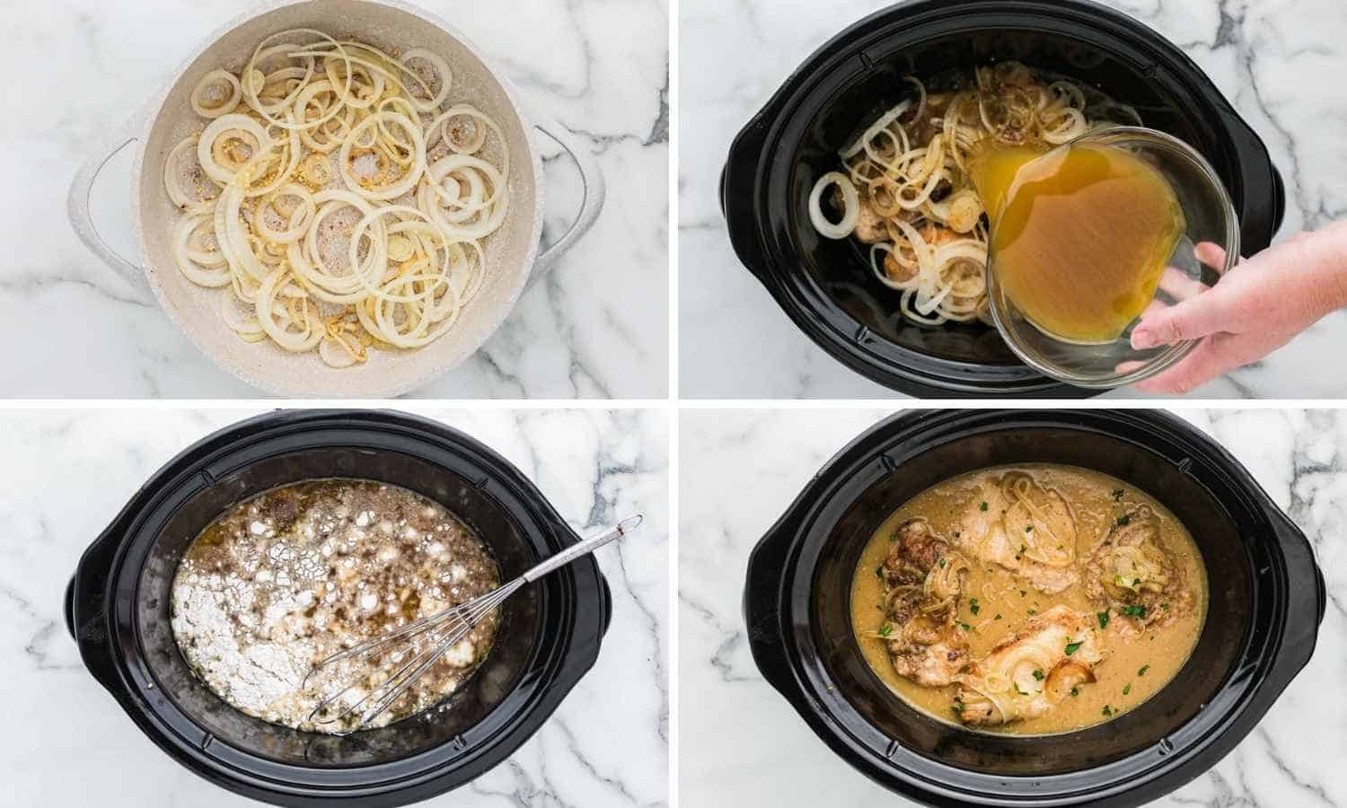 Collage of four images showing how to cook the onions, then add everything to the slow cooker, slow cook, and thicken the sauce.