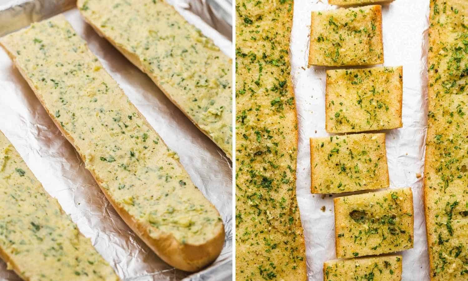 Collage of two images showing the garlic bread before and after baking