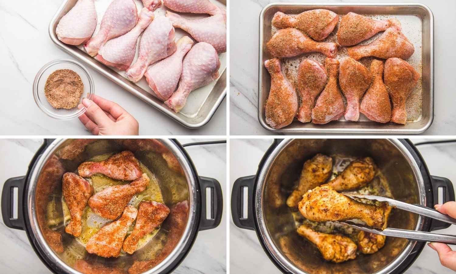 Collage of four images showing how to season drumsticks, and sear them in the instant pot.