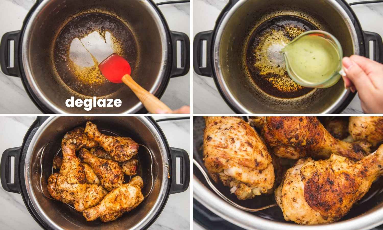Collage of four images showing how to deglaze the instant pot, and pressure cook the drumsticks.