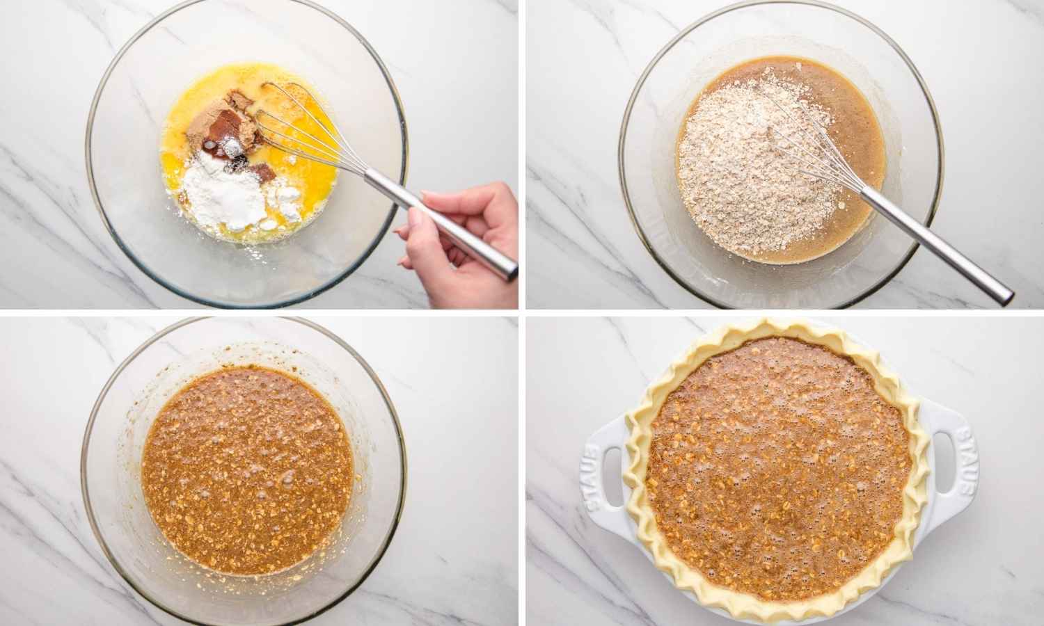 Collage of four images showing how to make oatmeal pie filling