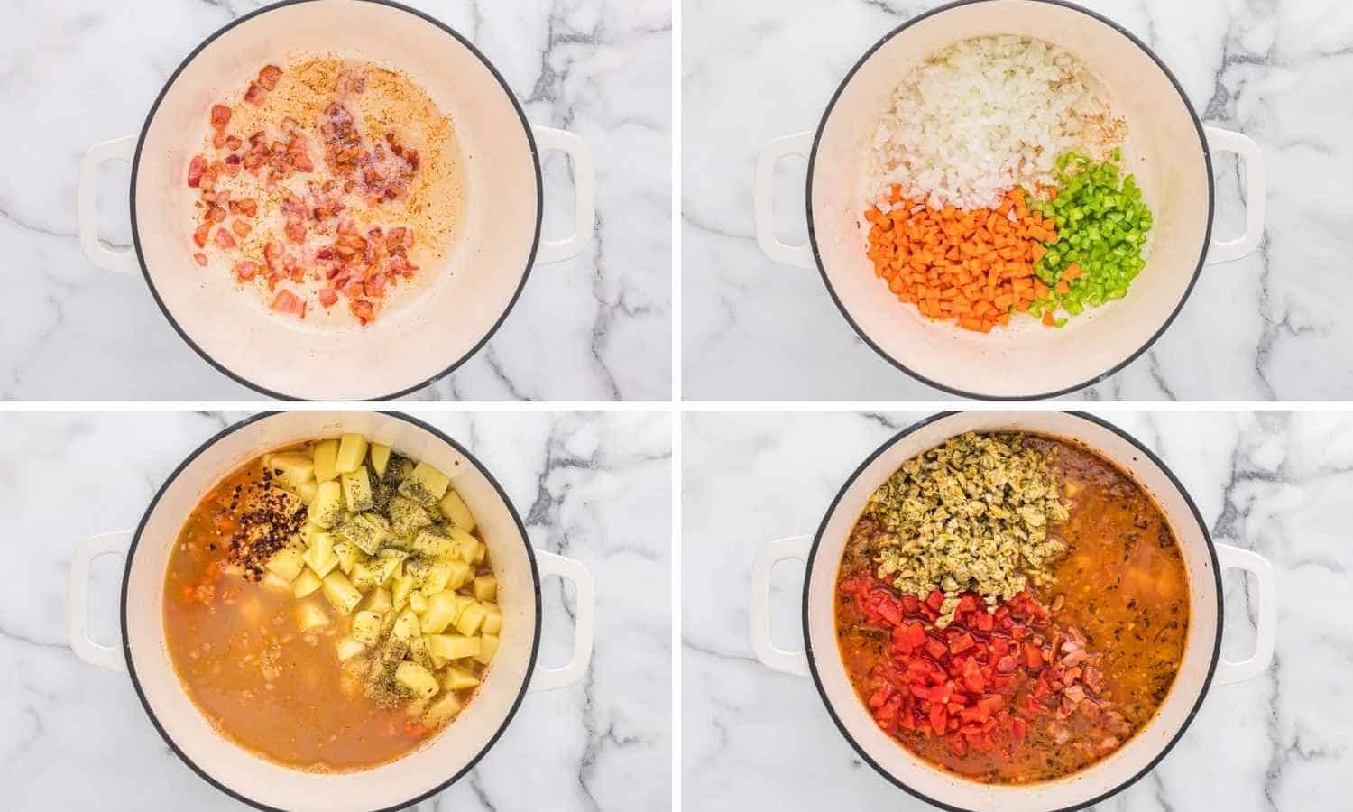 Collage of four images showing how to make red clam chowder
