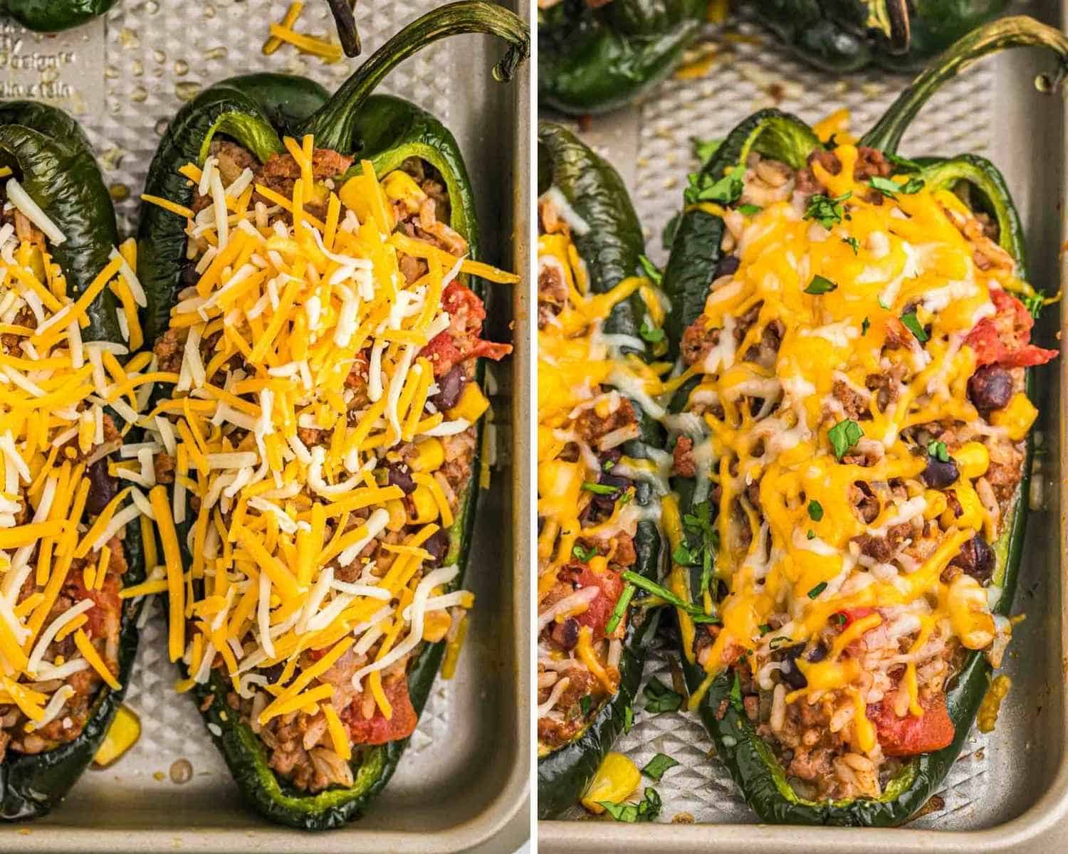 Collage of two images of stuffed poblanos with cheese, before and after baking.