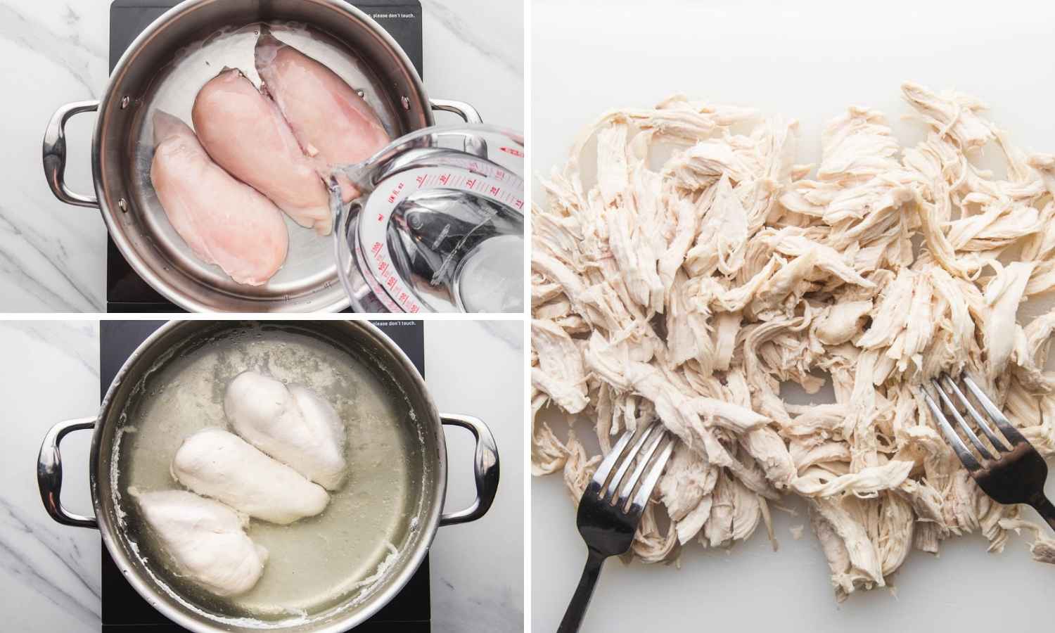 Collage of three images showing how to boil chicken breasts and then shred them