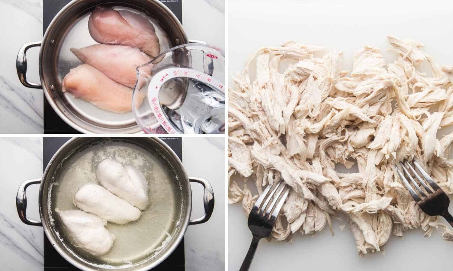 Collage of three images showing how to poach and shred chicken