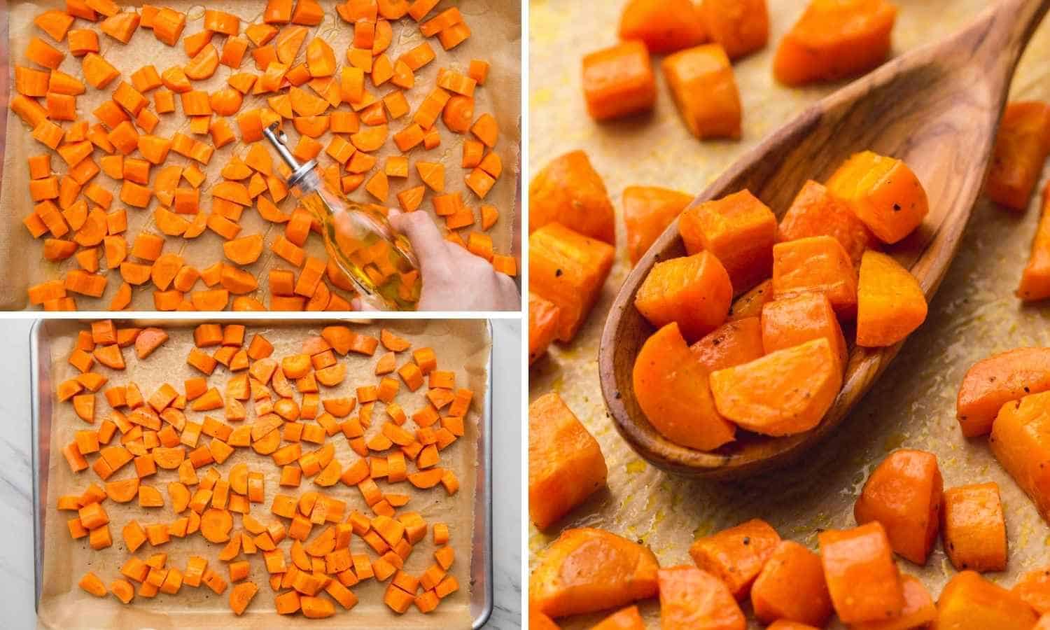 Collage of three images showing how to roast carrots