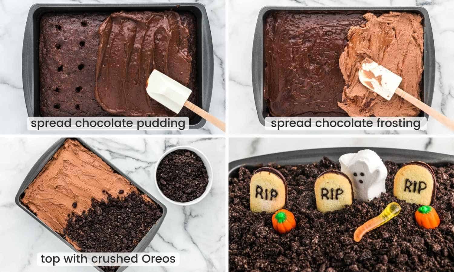 Collage of four images showing how to spread chocolate pudding, spreading frosting, and decorate the cake.