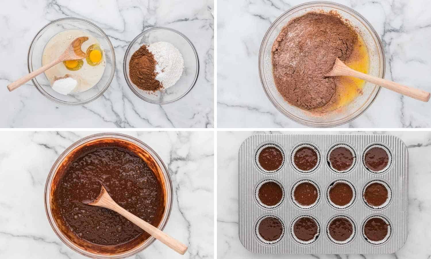 Collage of four images showing how to make chocolate cupcakes