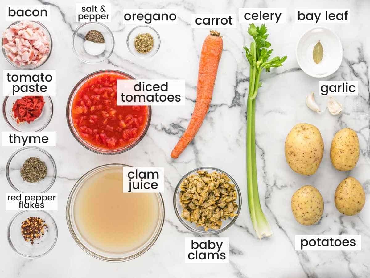 Ingredients needed for making manhattan clam chowder