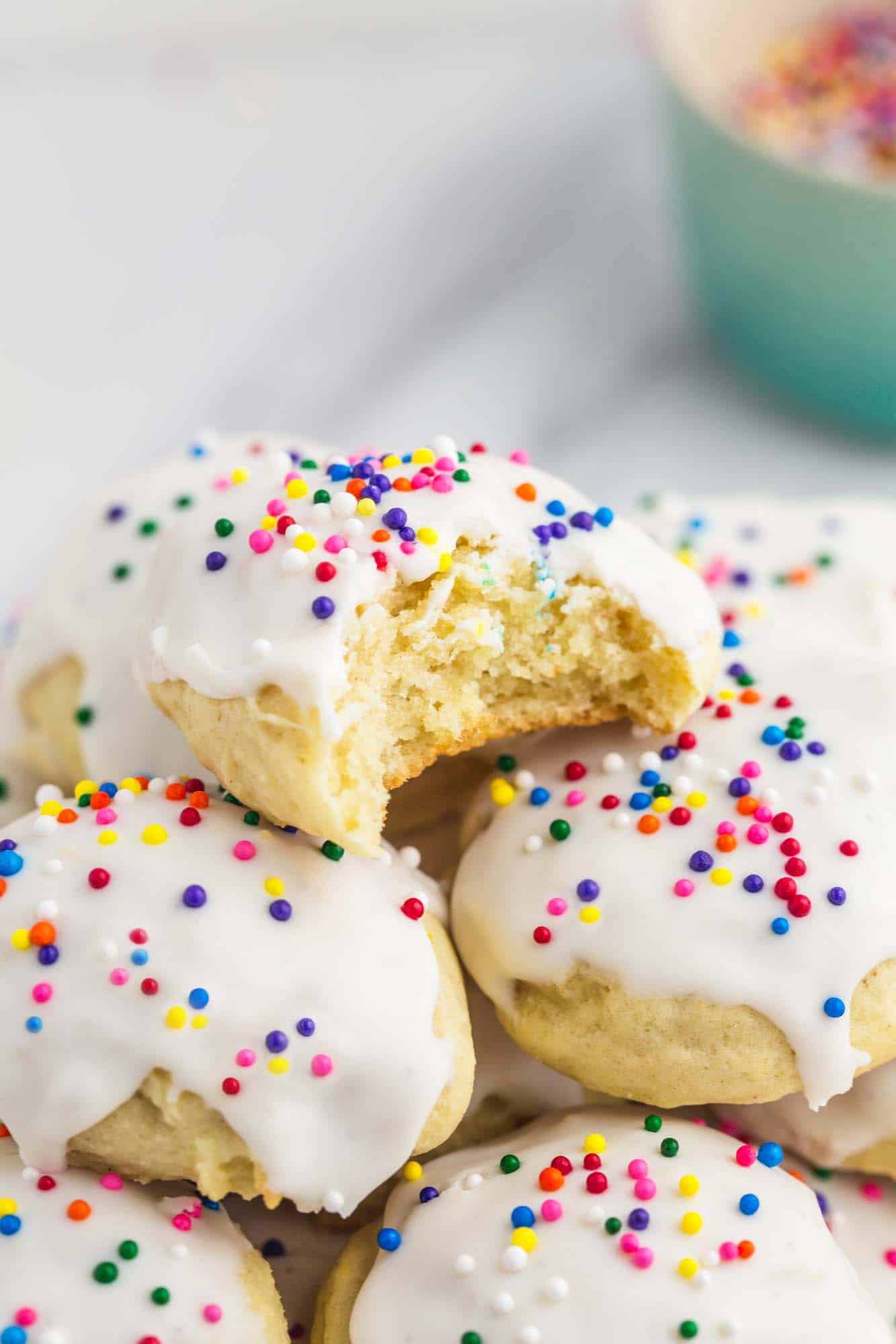 Close up shot of a bite of Ricotta cookies