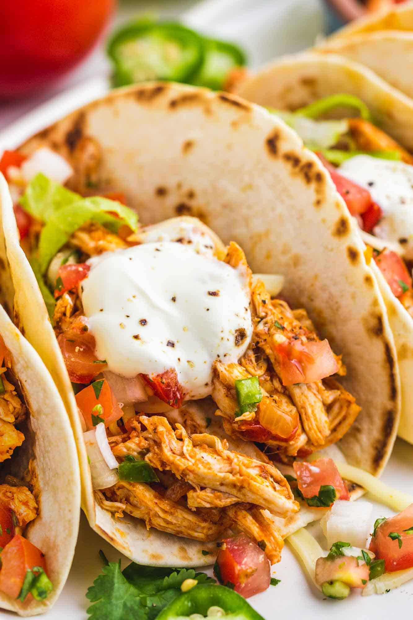 Shredded chicken taco, close up shot. 