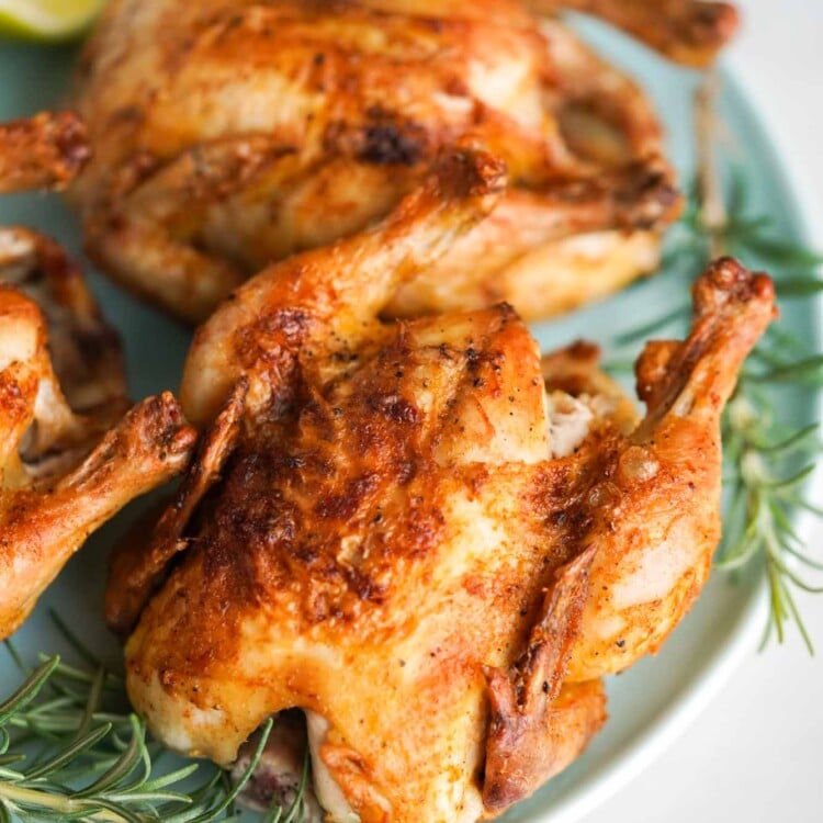 Air Fried cornish hen served on a plate with fresh rosemary