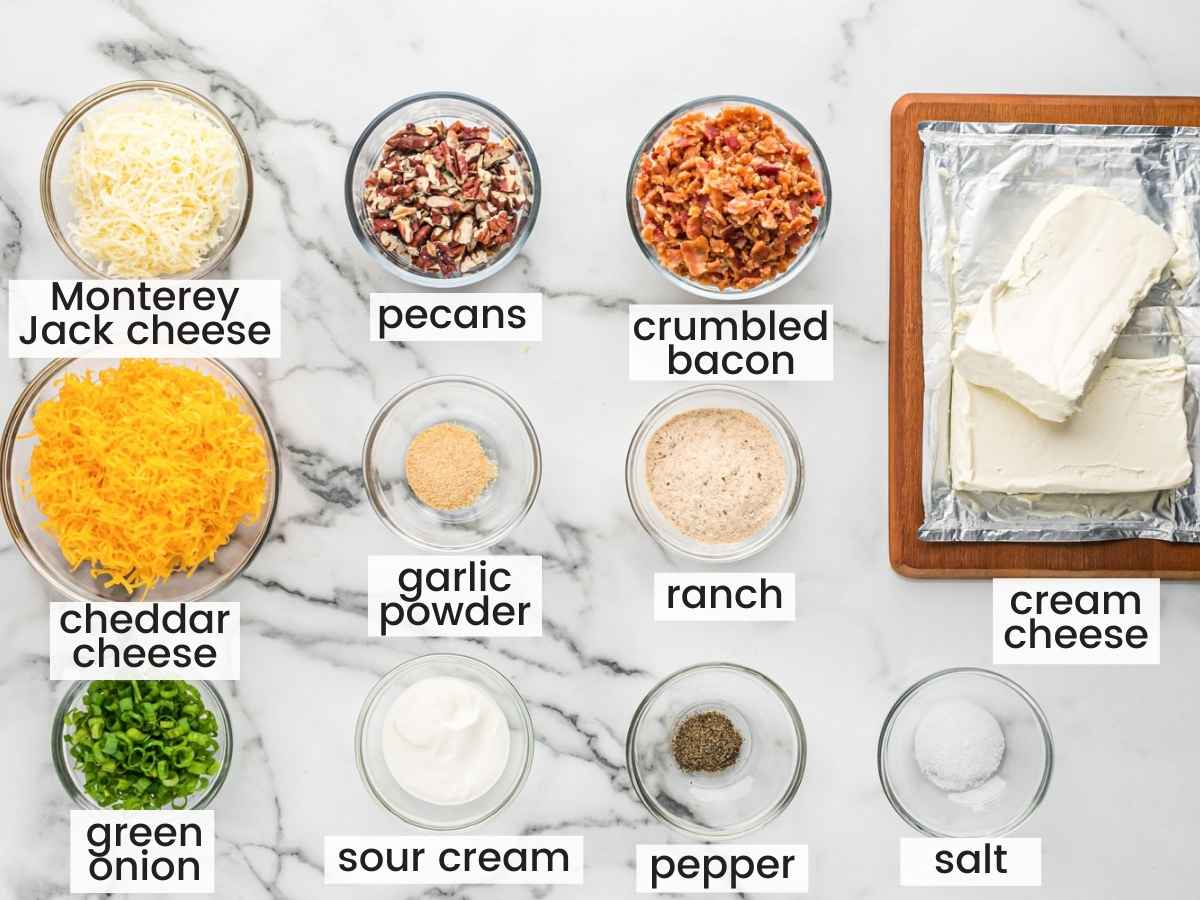 Ingredients needed to make bacon ranch cheese ball including cream cheese, crumbled crispy bacon, pecans, cheeses, green onions, sour cream, and seasonings.
