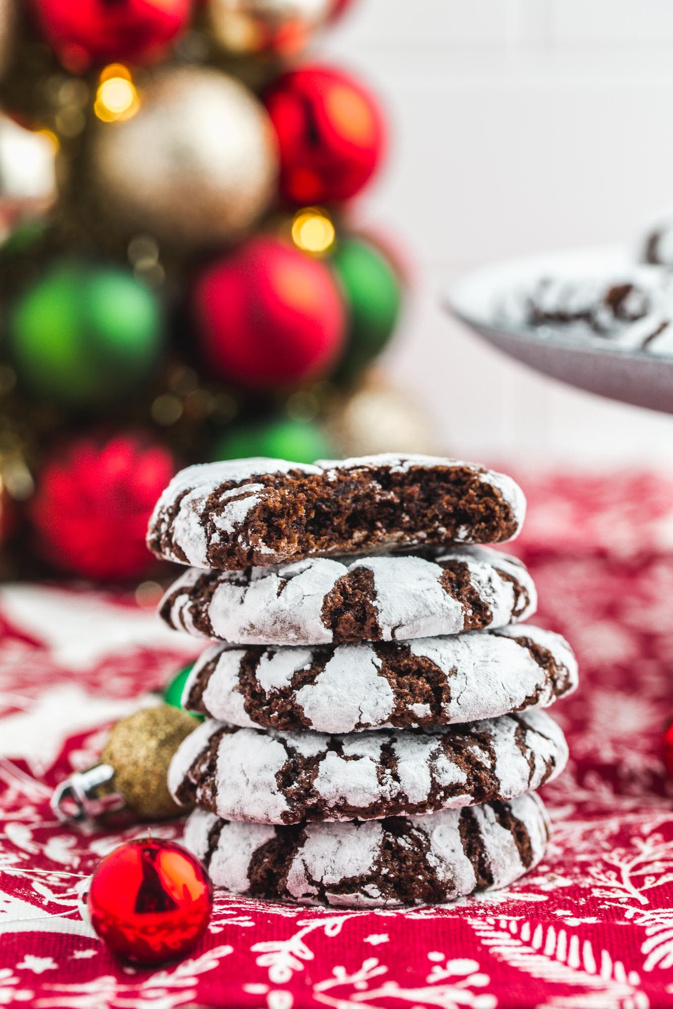 A stack of chocolate crinkle cookies