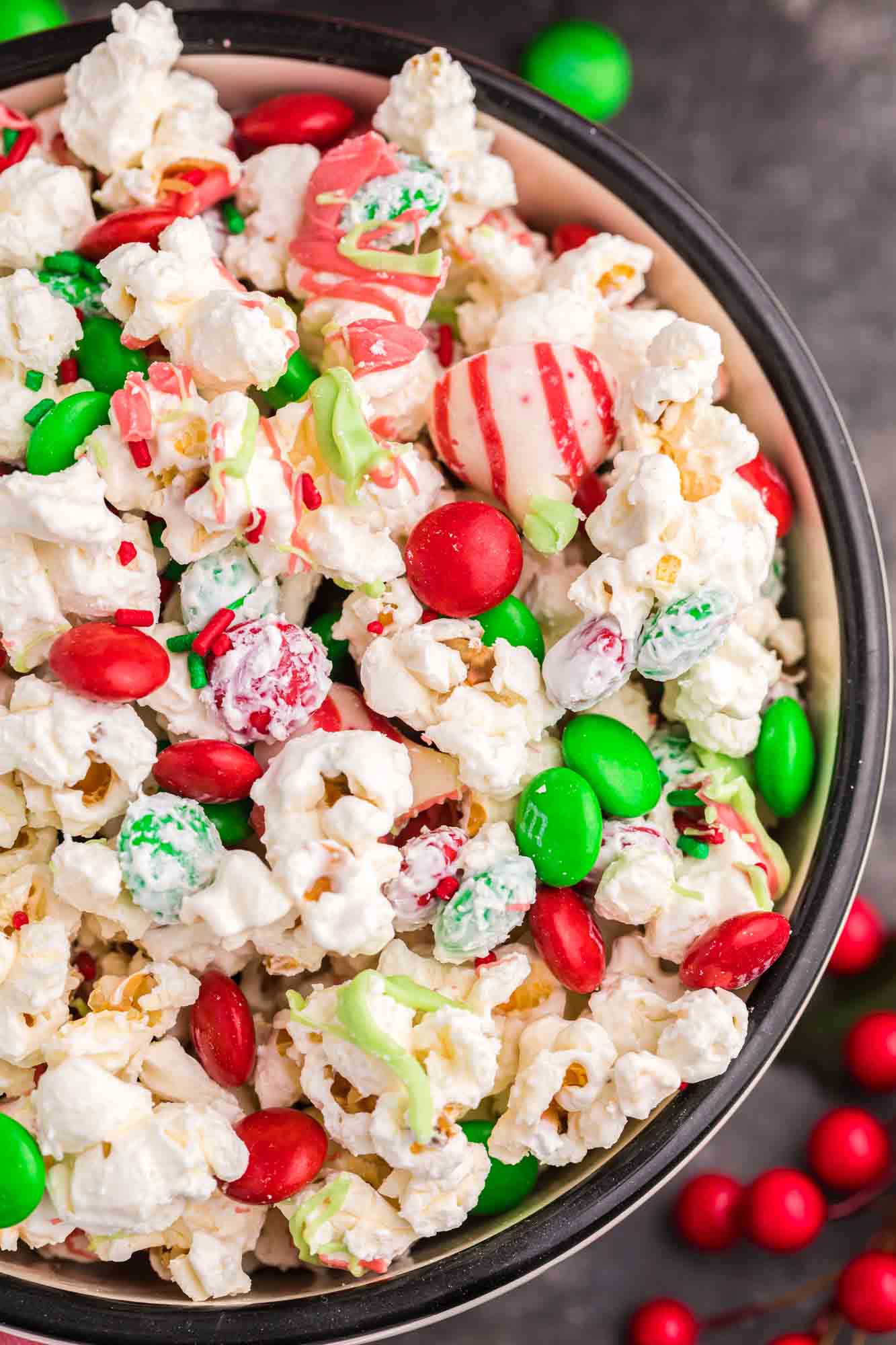 Overhead shot of Christmas popcorn in a bowl