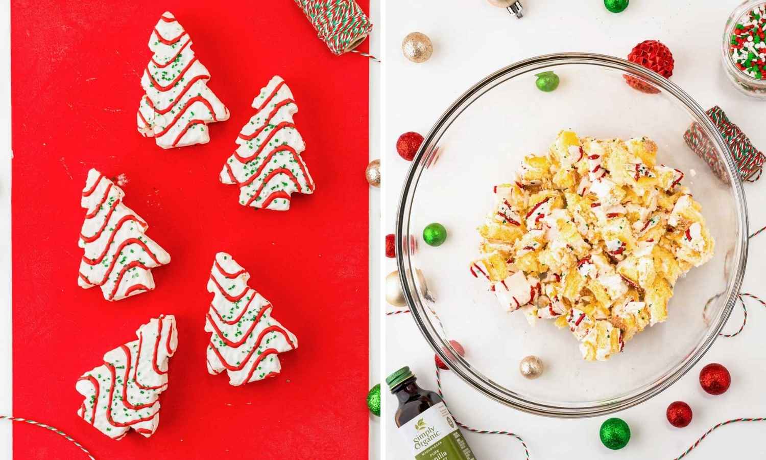 Collage of 2 images showing how to make little debbie christmas tree cake dip