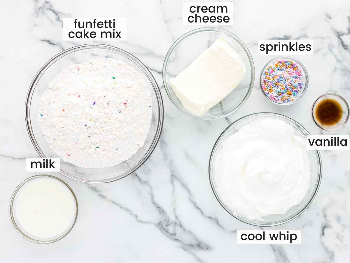 Ingredients needed to make funfetti cake batter dip