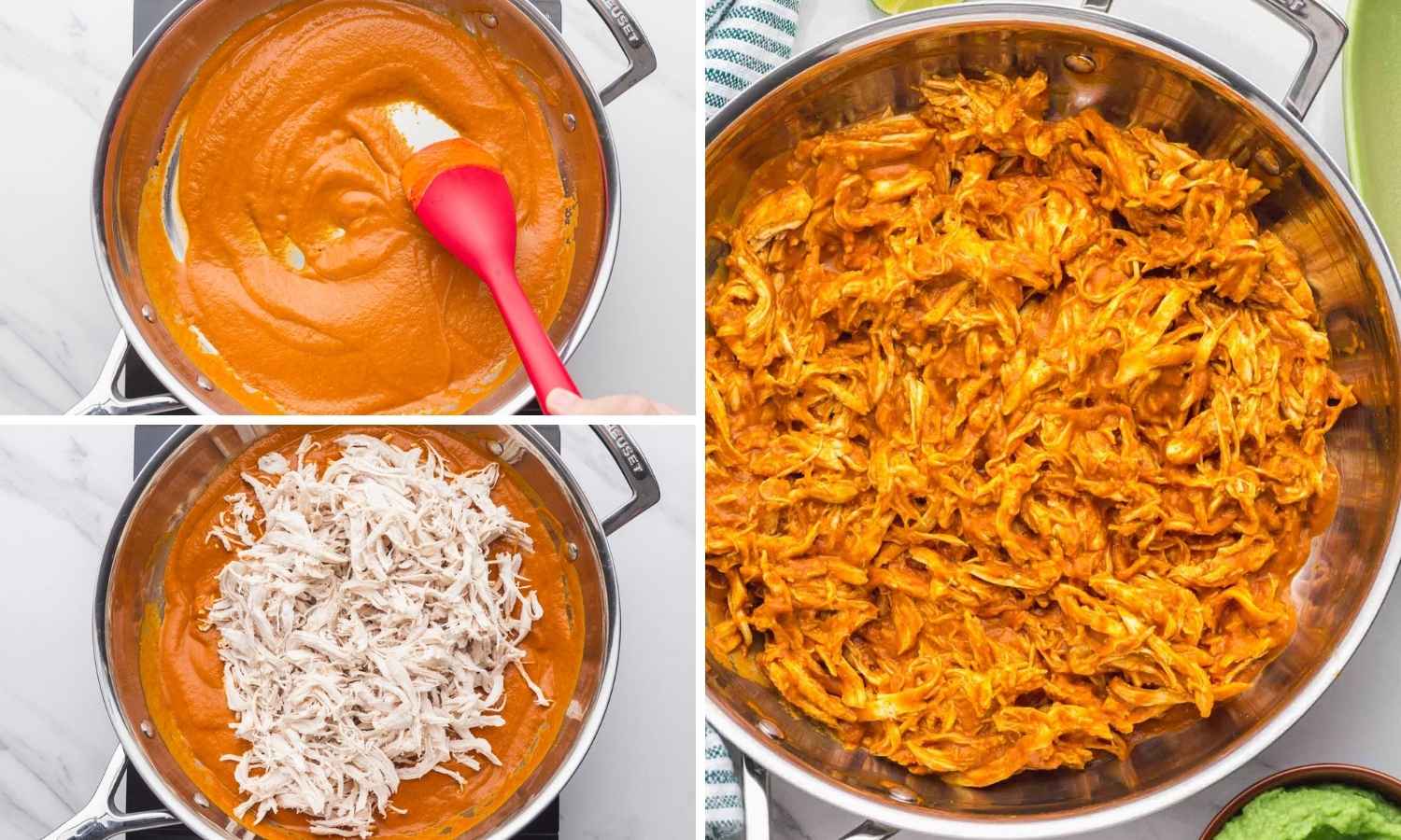 Collage of three images showing to mix tinga sauce with the shredded chicken