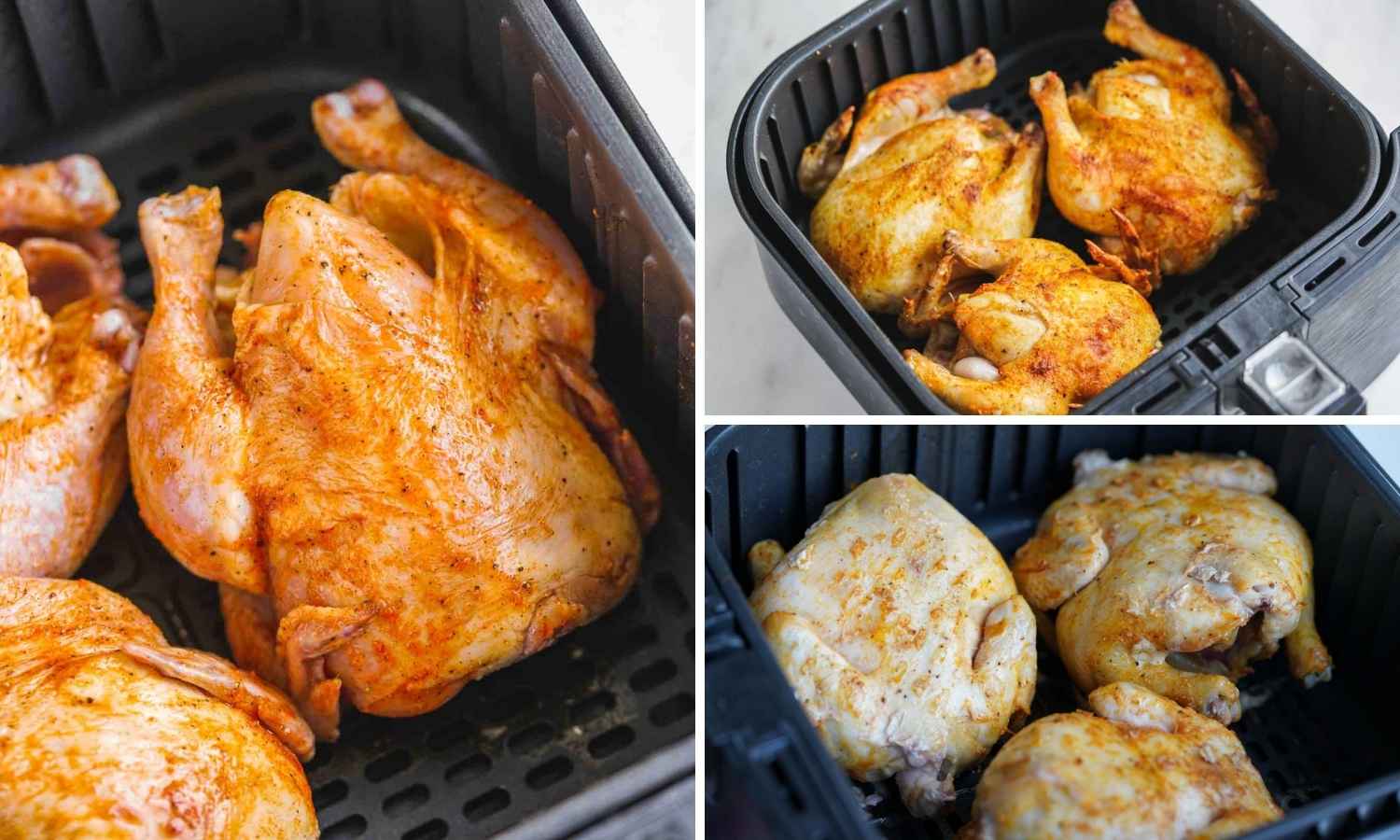Collage of three images showing how to air fry cornish hens