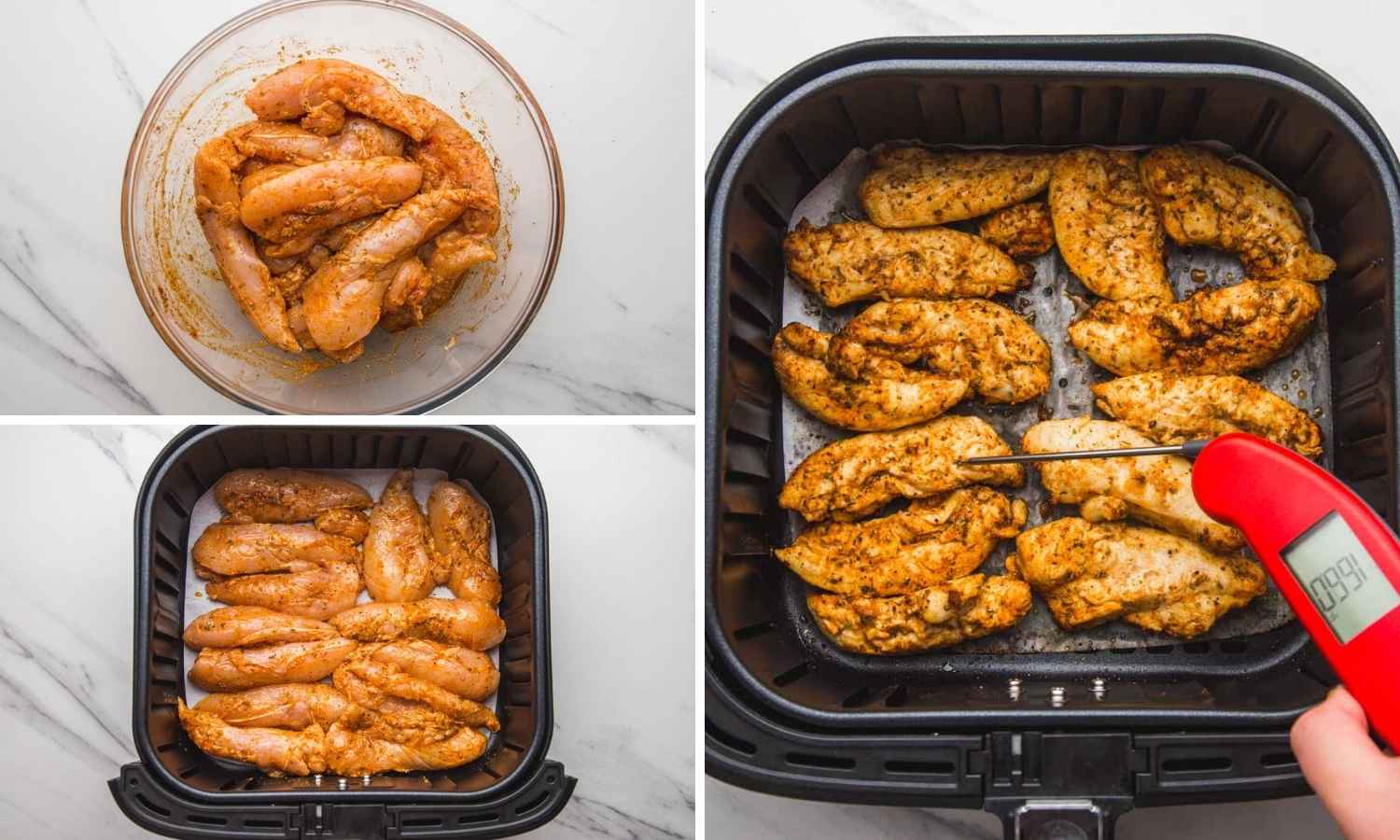 Collage of 3 images showing how to season and air fry chicken tenders with no breading, then check the doneness by checking the internal temperature with a kitchen thermometer.