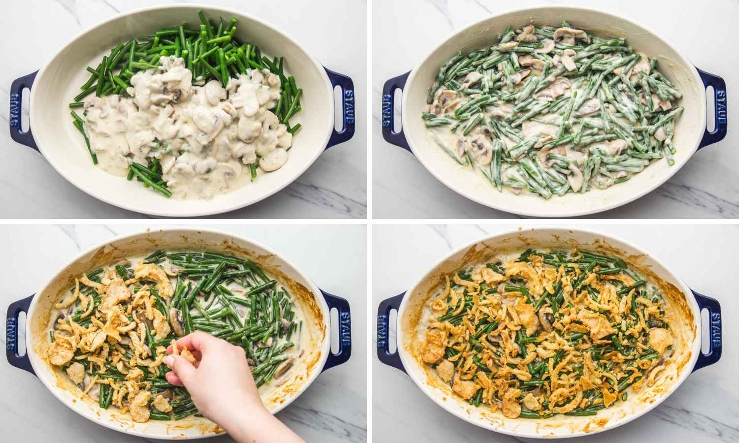four images showing how to assemble green bean casserole in a Staub oval dish