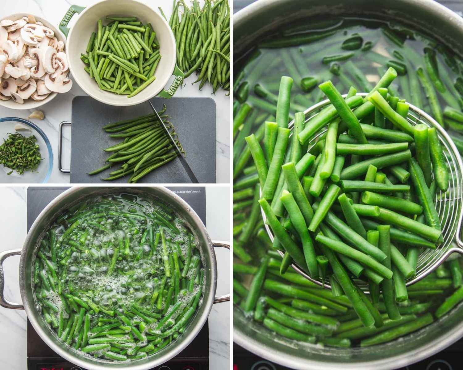 how to prep and blanch green beans, shown in 3 images