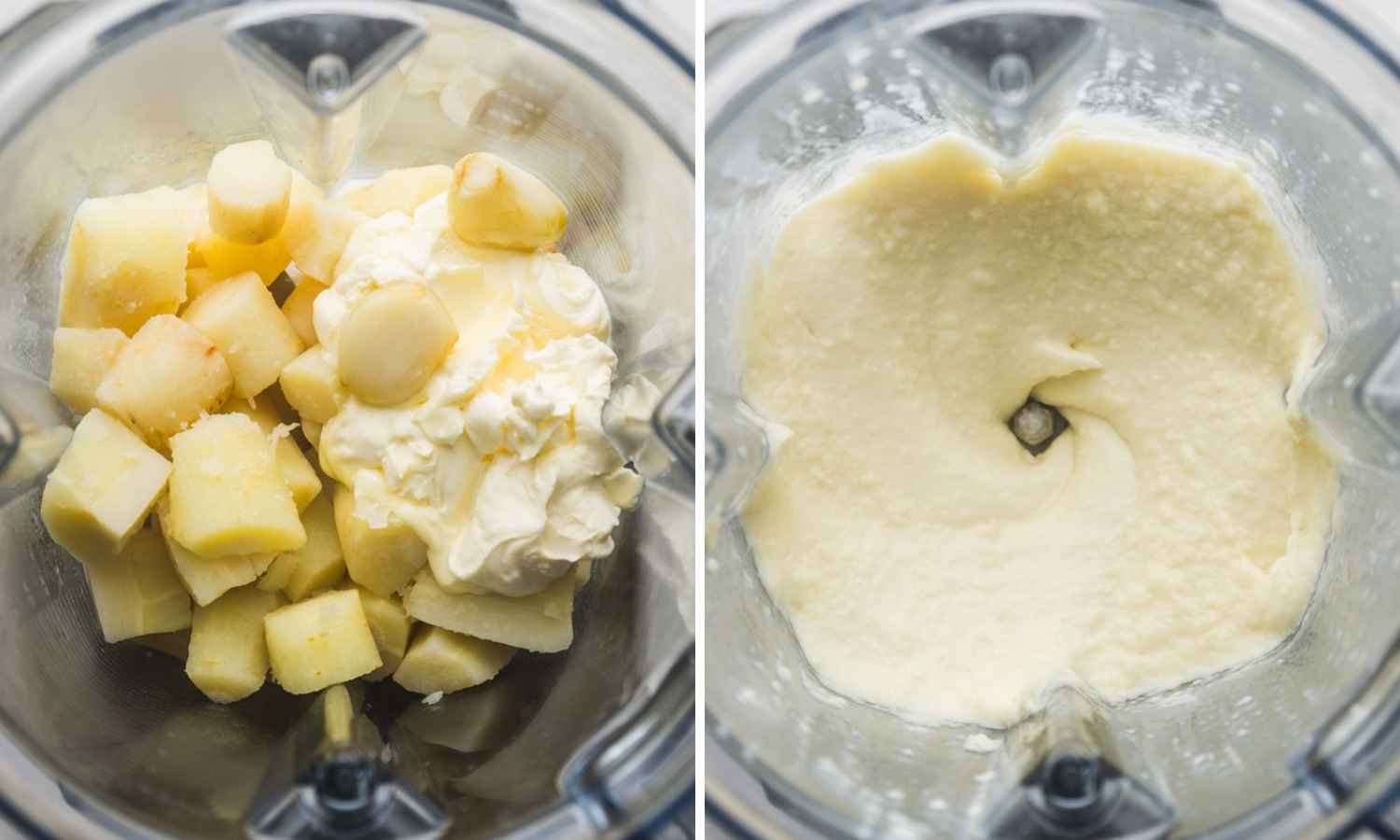 2 images showing before and after blending the parsnips in a blender jug
