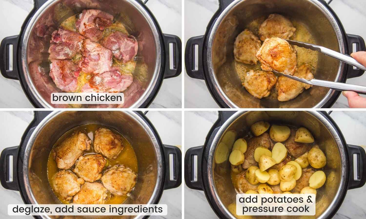 Collage of four images showing how to brown chicken thighs, then pressure cook with potatoes